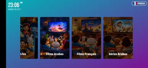 Interface de l'univers enfants avec accès au direct, aux films et aux séries.