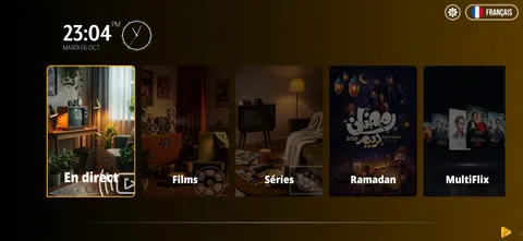 Écran d'accueil de WIPLAY avec accès au direct, aux films, aux séries, à Ramadan et à MultiFlix.
